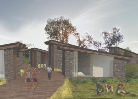 Charred Wooden Shingles Enveloping Reflective Spaces in Sustainable Lodging and Community Gathering