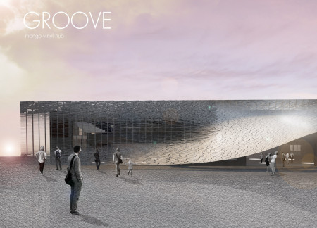 Vinyl-Inspired Facade with Natural Wood Elements in a Multifunctional Community Space  