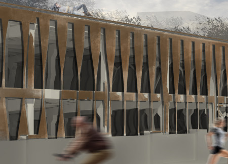 Community gathering space featuring cross-laminated timber and charred wooden shingles for sustainable design