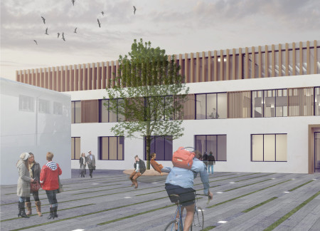 Community Hub Featuring Expansive Glass Facades and Durable Steel Framework with Warm Timber Accents
