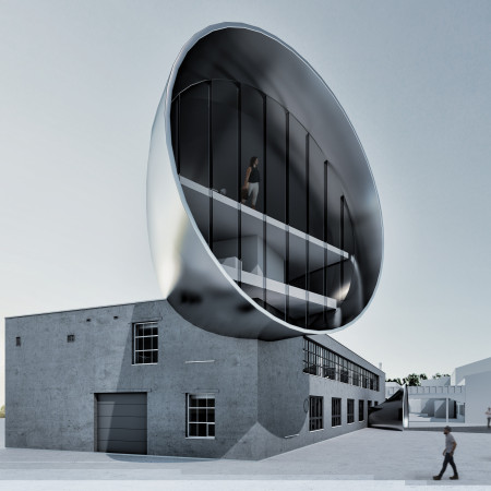 Curvilinear Metallic Roof and Transparent Façade in a Flexible Community Workspace  