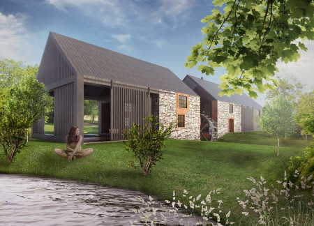 Water Wheel Powered Retreat Featuring Stone Barn and Sustainable Timber Elements  