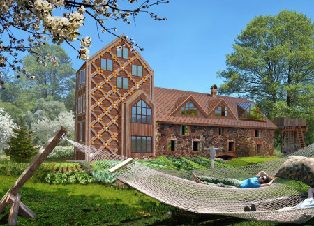 Natural Stone and Wood Integration in a Serene Meditation Retreat