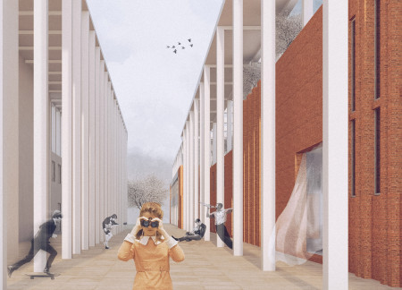 Cultural Hub Featuring Exposed Concrete and Reddish Brick in an Urban Environment