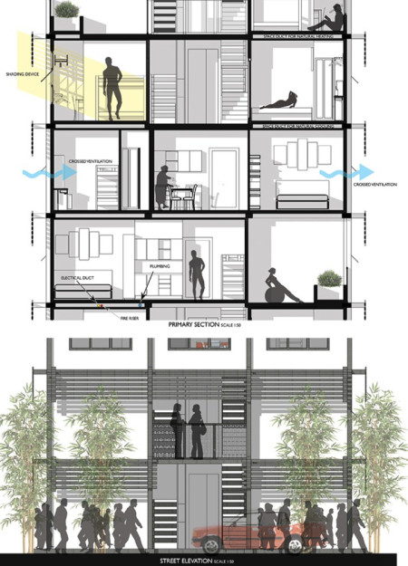 Charred Metal Grilles and Reinforced Concrete Create a Community-Focused Residential Solution