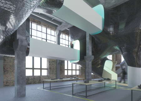 Suspended Steel Canopies Enveloping A Versatile Community Space Enhanced By Blue Resin Accents  