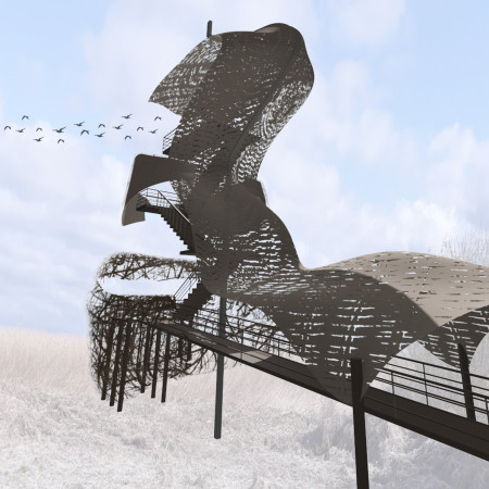Reclaimed Wood Structure Emulating Avian Nests With Aluminum Mesh Canopies for Nature Observation
