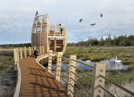 Elevated Curvilinear Structure Wrapped in Thatch and Glulam for Immersive Wildlife Observation