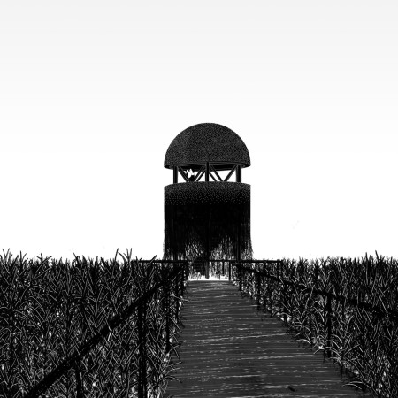 Cylindrical Observation Tower with Thatched Roof and Timber Bridge in a Reed Landscape  