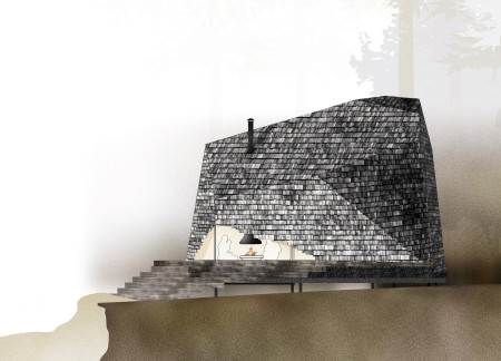 Charred Wooden Shingles and Plywood Layers Shaping a Cavernous Living Space in Harmony With Nature