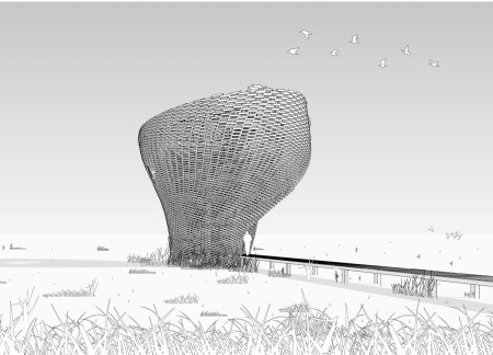 Sculptural Viewing Platform Crafted from Reclaimed Timber Overlooking Wetlands  