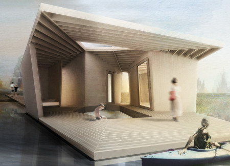 Floating Cabins Crafted with Marine Plywood and Geometric Forms Embracing Coastal Wellness