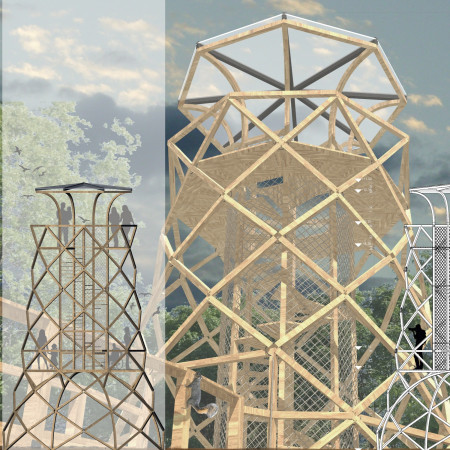 Hexagonal Viewing Tower Crafted from Laminated Wood and Polycarbonate for Birdwatching Experiences