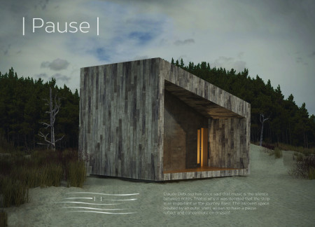 Reflective cabin crafted from recycled timber and featuring a slanted roof for natural light optimization