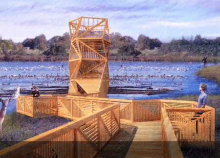 Bird Observation Tower Emphasizing Sustainable Siberian Larch and Geometric Timber Design  