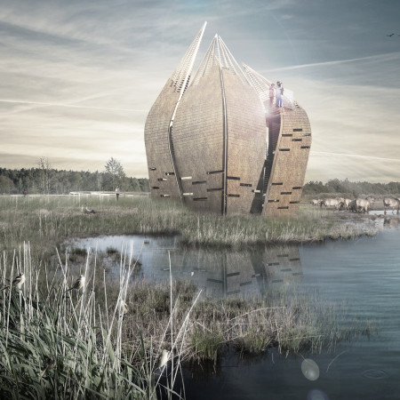 Petal-Shaped Observation Tower Constructed With Glulam Framework And Straw Bale Insulation Overlooking Wetland Ecosystem
