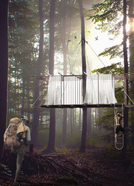 Elevated Nylon Cabin Featuring Transparent Polycarbonate Roof and Timber Framework for Nature Immersion