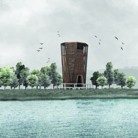 Cantilevered Structure Emphasizing Basswood and Steel Integration Along a Scenic Waterfront  