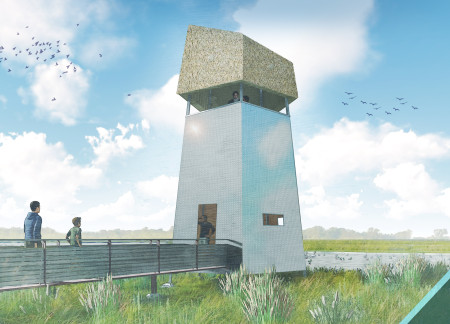 Reflective Stainless Steel Observation Structure Enhanced by Thatch Roof in a Wetland Environment