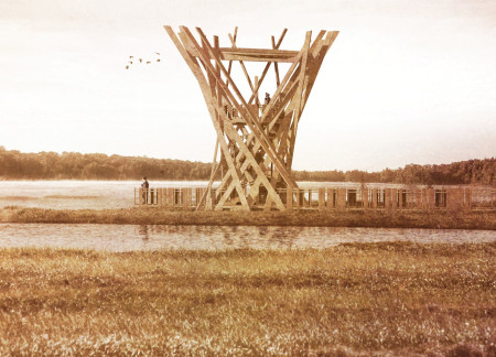 Elevated Lookout Crafted from Cross-Laminated Timber with Charred Wood Accents in Wetlands Setting