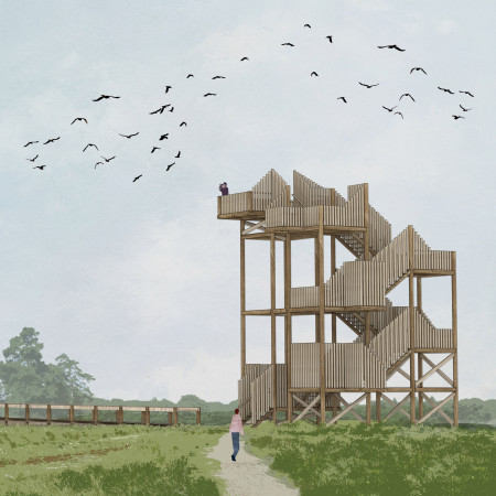 Observation tower featuring cross-laminated timber and charred wooden shingles in a nature reserve setting