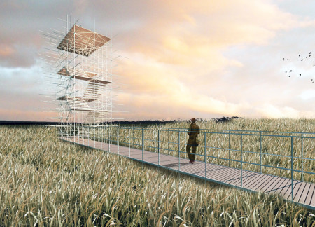 Elevated Viewing Platform Constructed with Hollow Steel and Natural Timber for Bird Observation  
