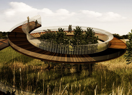 Thermally Modified Wood Structure Offering Panoramic Wetland Views Through an Elegant Spiral Design