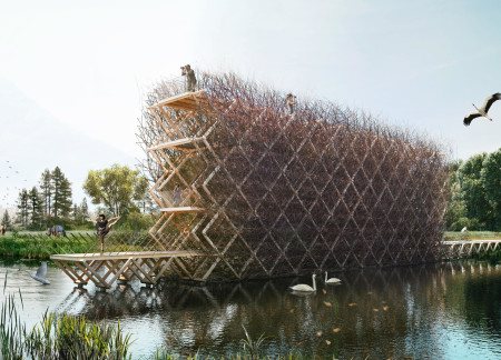 Lattice Structure Crafted from Natural Twigs and Steel Integrates Seamlessly with Ecological Birdwatching Environment  