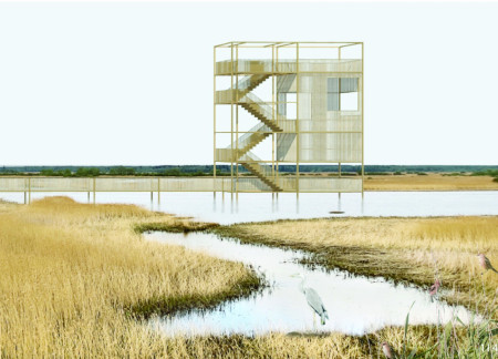 Elevated Viewing Platform Crafted with Anodized Brass and Treated Timber for Ecological Engagement