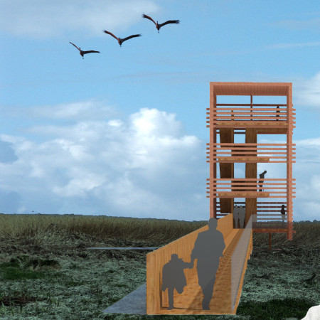 Patinated Corten Steel and Wooden Observation Tower Enhancing Wildlife Experience in a Natural Park