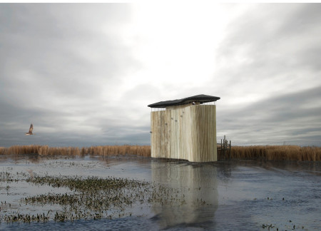 Birdwatching tower crafted from cross-laminated timber and charred wooden shingles in a natural setting