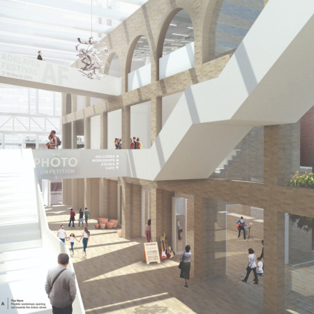 Cascading Ramps and Brick Textures Create a Versatile Creative Hub