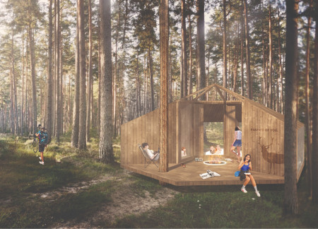 Hexagonal Retreat Crafted from Sustainable Pine and Embracing Natural Transparency