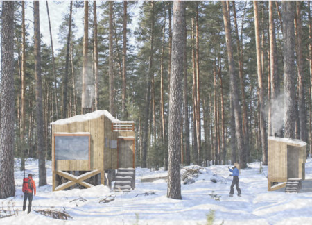 Elevated Retreat Crafted from Local Pinewood with Integrated Sauna and Scenic Forest Views