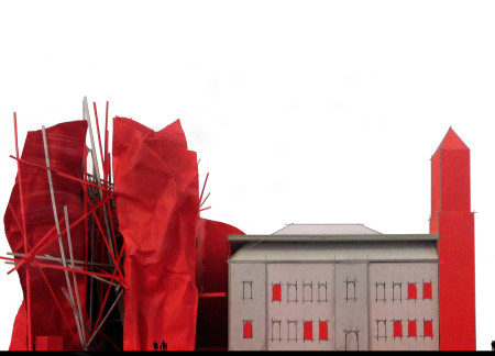 Curved Forms of Metal and Red Palette Create Dynamic Community Spaces  