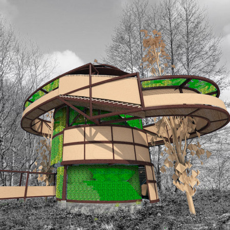 Corten Steel Spiral Tower Featuring Vertical Gardens for Ecological Observation  