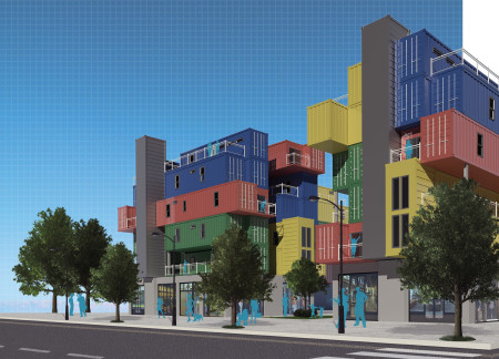 Modular residential units featuring recycled shipping containers with vibrant aesthetic elements and sustainable landscaping