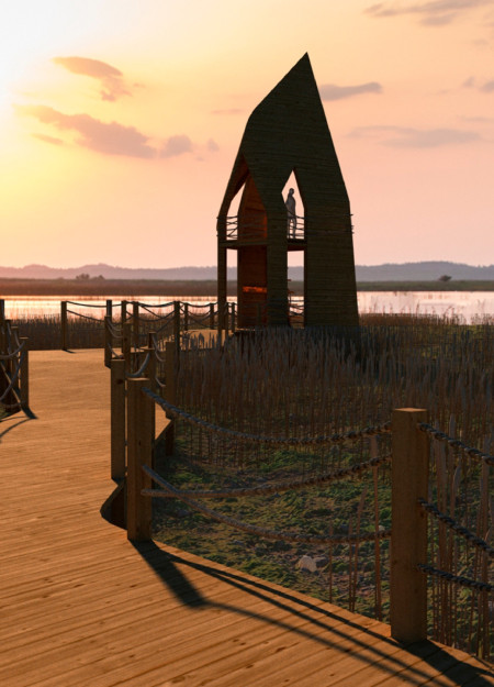 Charred Wooden Shingles Define A Nature Observation Tower in Latvia's Landscape