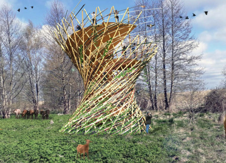 Spiral Structure Crafted from Native Timber and Willow for Enhanced Wildlife Observation