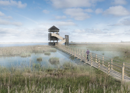 Birdwatching Tower Featuring Cross-Laminated Timber and Charred Wooden Shingles in a Wetland Ecosystem  