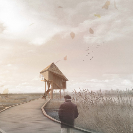 Observation tower utilizing cross-laminated timber and charred wooden shingles in a nature park setting