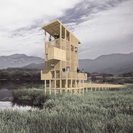 Reflective Observation Tower Crafted From Local Timber in a Nature Reserve