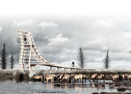 Bird Observation Tower Featuring Cross-Laminated Timber and Charred Wood Shingles for Enhanced Environmental Integration