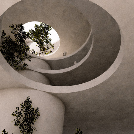 Elliptical Concrete Volumes Enveloping Natural Greenery in Educational Spaces  