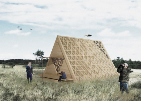 Sustainable cabin featuring a triangular structure with integrated solar energy and transparent polycarbonate panels