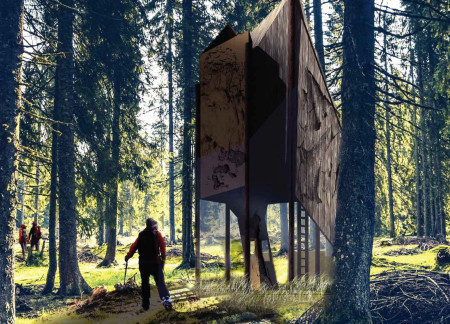 Charred Wooden Shingles and Glass Panels Create a Harmonious Hut in the Latvian Forest  