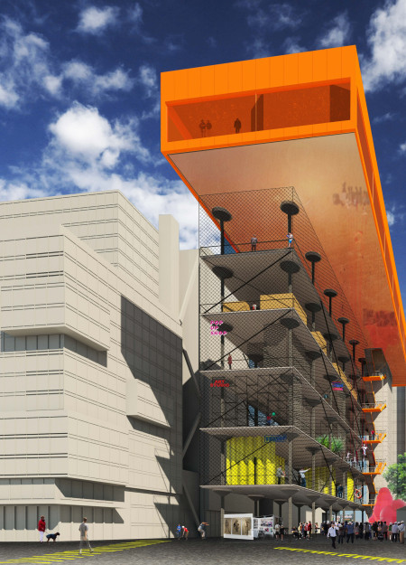 Cantilevered Spaces Dressed in Vibrant Panels and Sustainable Concrete for Collaborative Community Engagement