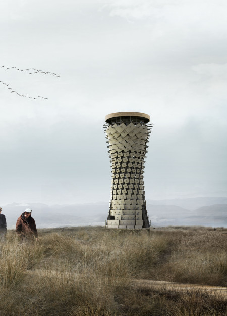 Charred Wooden Shingles and Dowel Joint Construction in a Nature-Integrated Observation Tower
