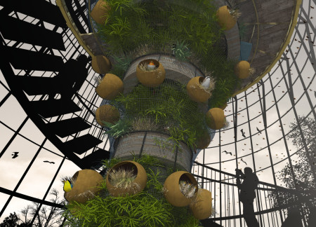 Spiral Steel Enclosure Crafted with Sustainable Wood for Ecological Bird Observation