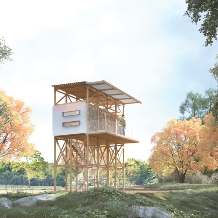Sustainable retreat featuring polycarbonate panels and an elevated steel framework in a natural landscape